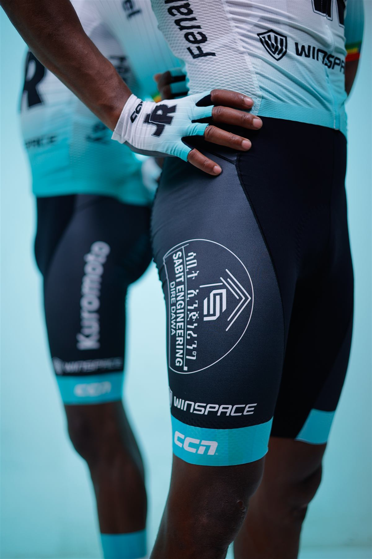 Detail of JR team shorts and gloves